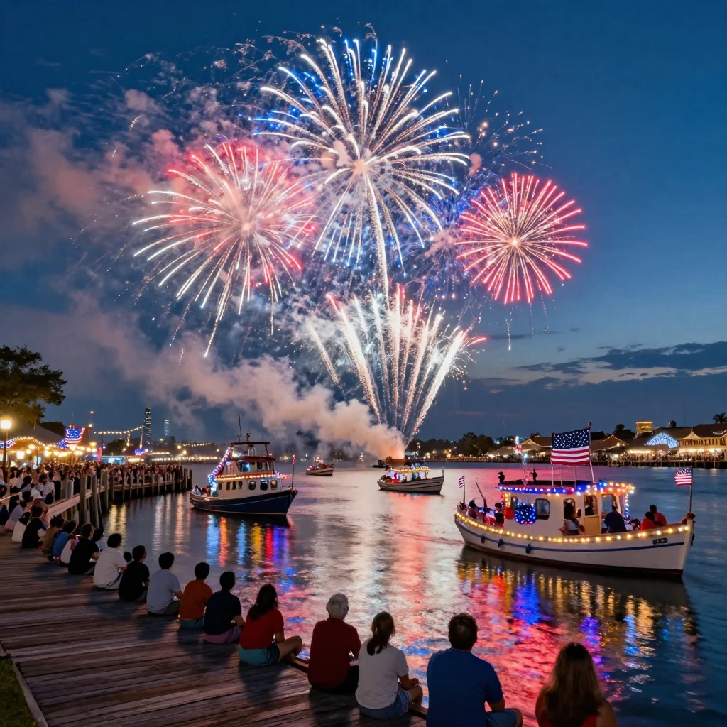 Fireworks bursting over a harbor during a Fourth of July celebration