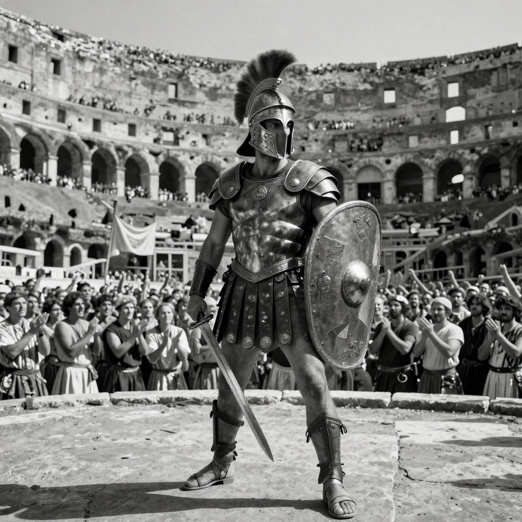 A gladiator stands ready in a packed arena inside an ancient Roman colosseum.