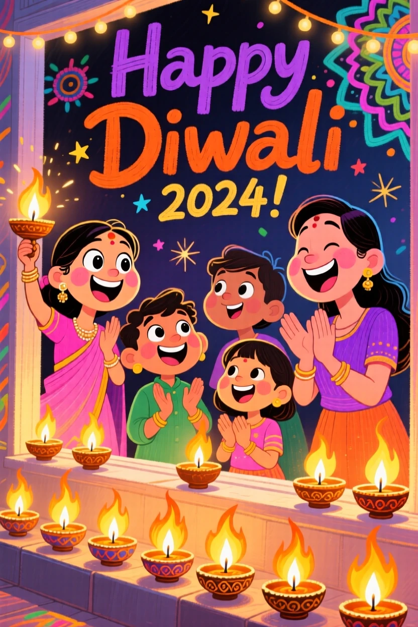 A family celebrating Diwali with rows of lit oil lamps glowing warmly.
