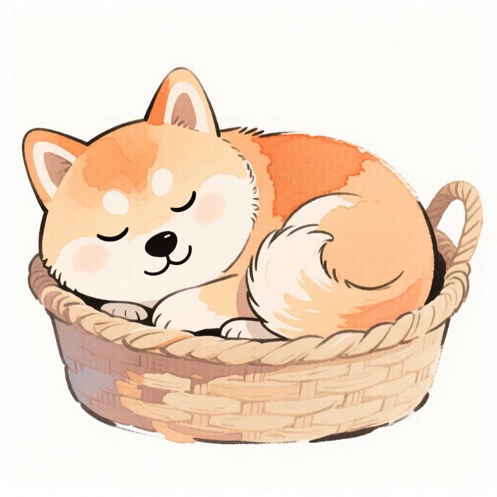 A shiba inu curled up asleep in a cozy basket