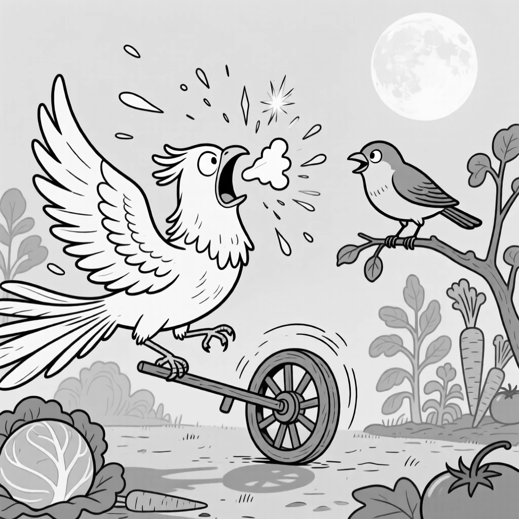 A phoenix mid-sneeze with sparks flying everywhere, shouting back at the bird's sarcastic remark, set in a moonlit vegetable garden. A tiny cart wheel spins uselessly in the air. The image invites you to imagine the tale behind the mishap.