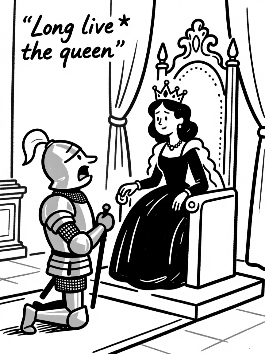 A knight in shining armor kneeling before a queen in a grand throne room.
