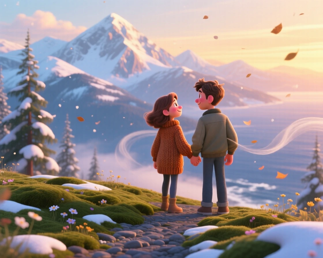 A couple holding hands stands in front of a snow-capped mountain range, sharing a quiet moment together. The scene feels vast, calm, and full of possibility, with the scent of salt air carried on the wind.