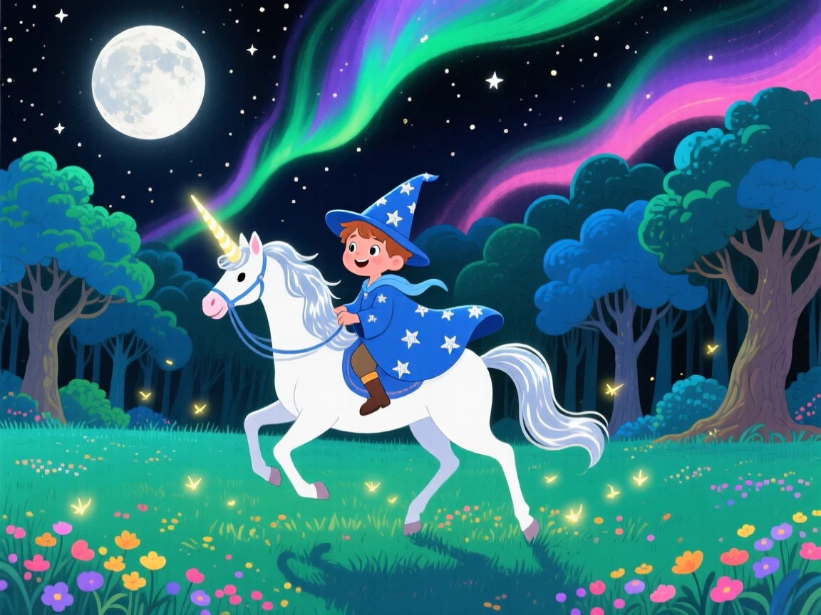 Deep within a moonlit meadow, a young wizard apprentice spends the evening riding a unicorn through a moonlit forest, as the northern lights ripple overhead.