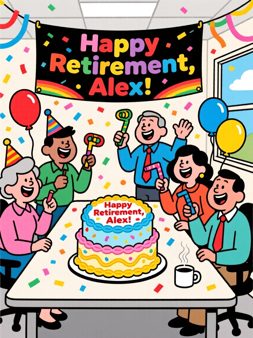 A retirement party with coworkers celebrating around a decorated cake.