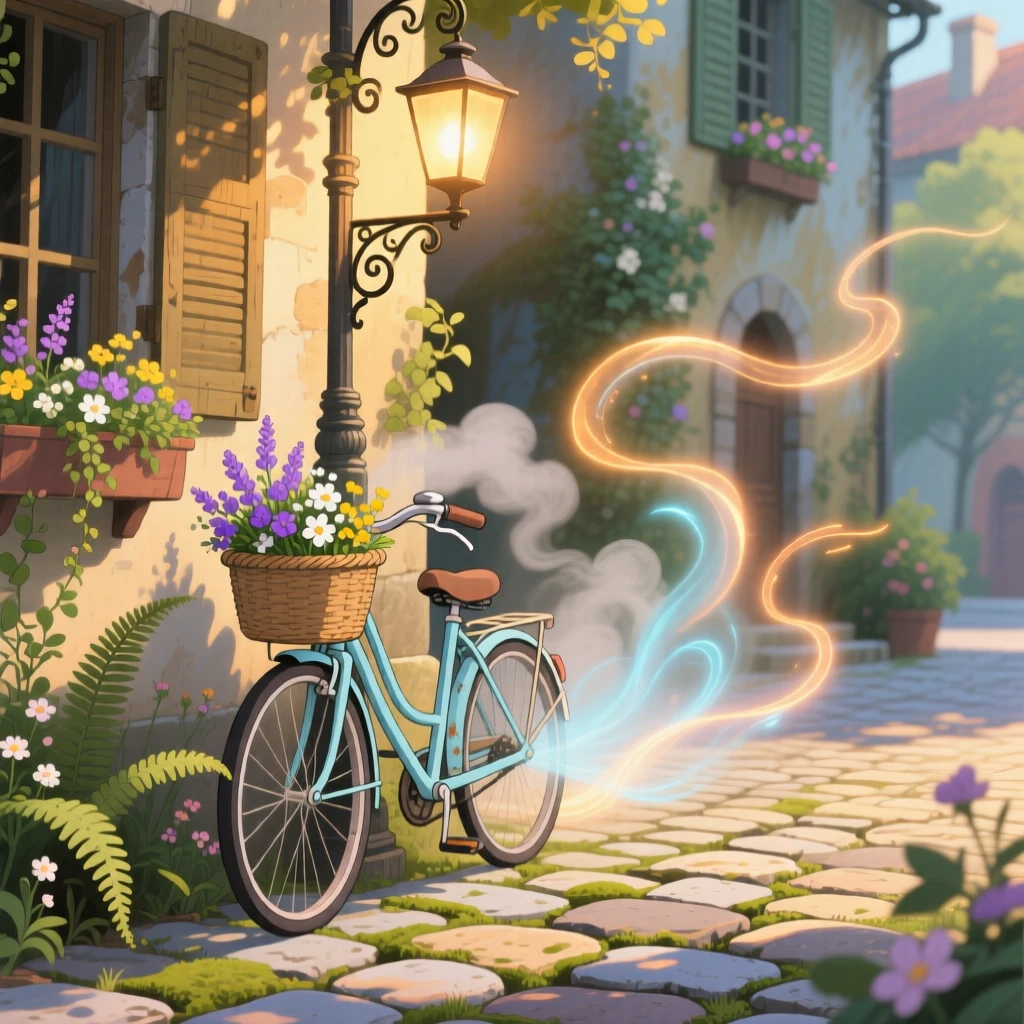 A charming scene of a bicycle leaning against a lamppost on a cobblestone street, with steam and light trailing behind it.