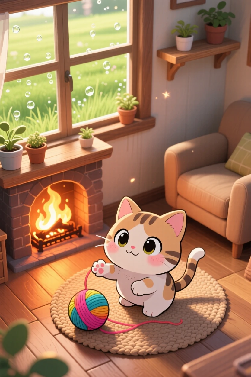 High aerial view: a kitten, playing with a ball of yarn beside a fireplace, set against a rustic living room as morning dew glistens on the grass, with warm lamplight and a mood of shy bashfulness.