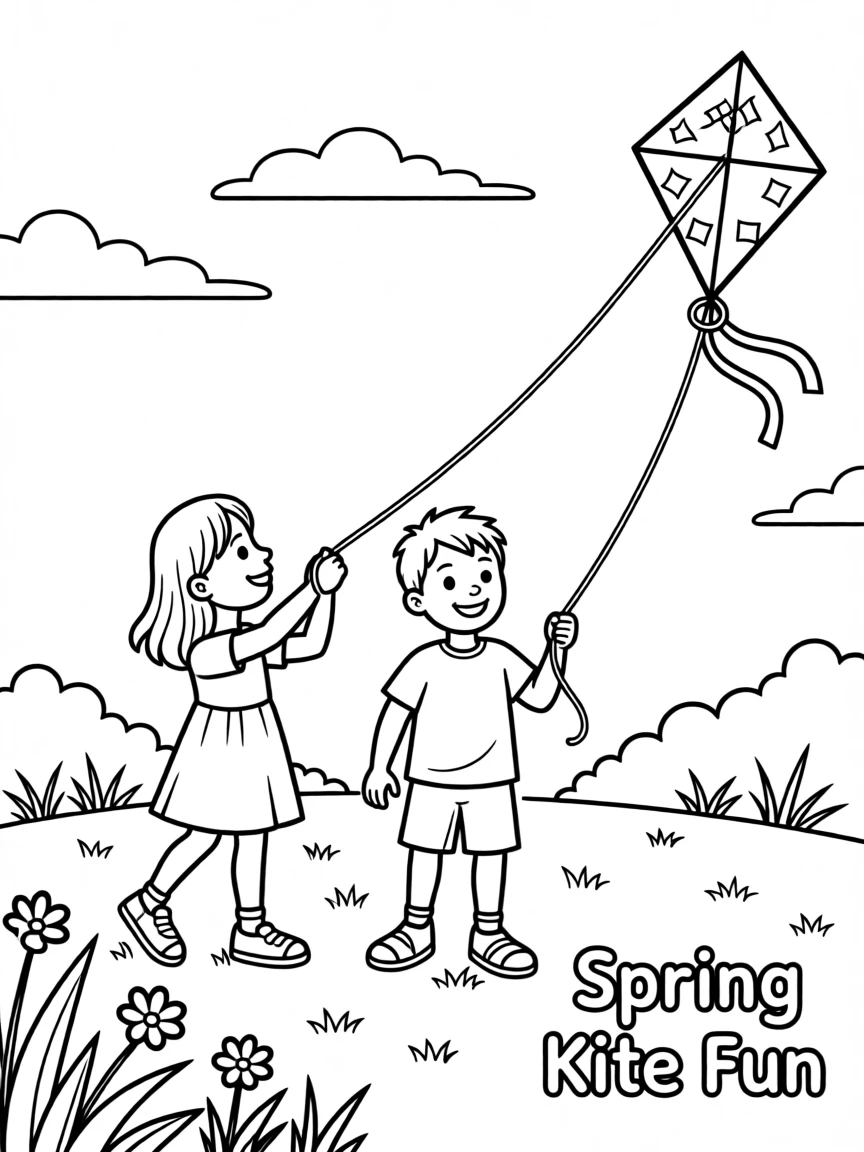 Children flying kites on a breezy spring afternoon