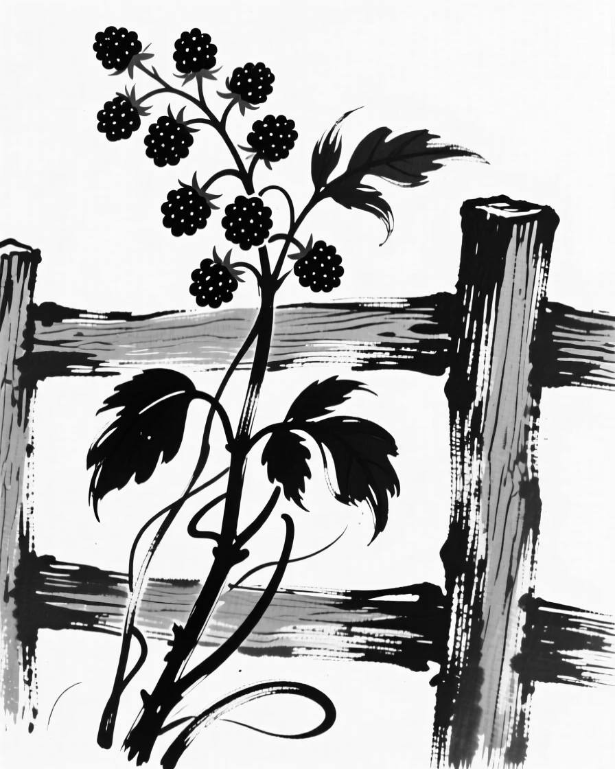 A cluster of wild blackberries growing along a rustic wooden fence.