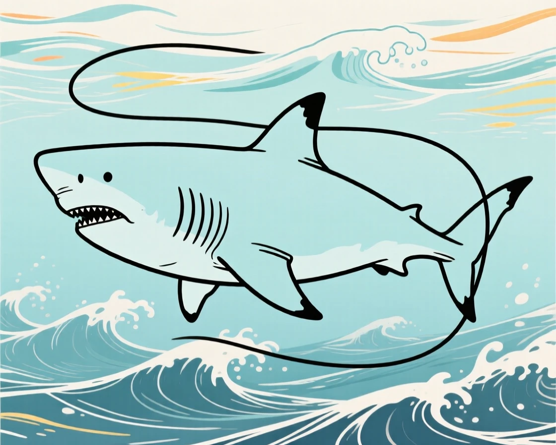 A giant prehistoric shark circling beneath ancient ocean waves.