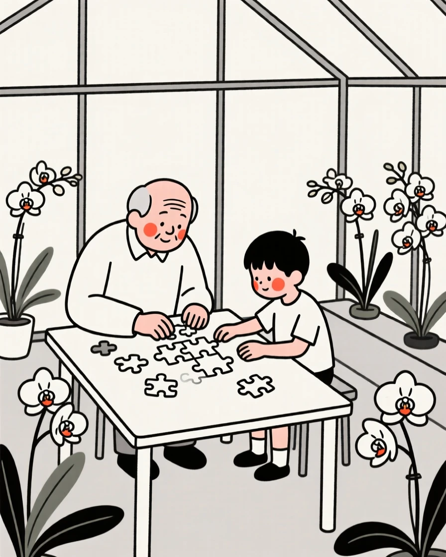 A grandfather and grandson assembling a jigsaw puzzle at the table, in a greenhouse full of orchids.