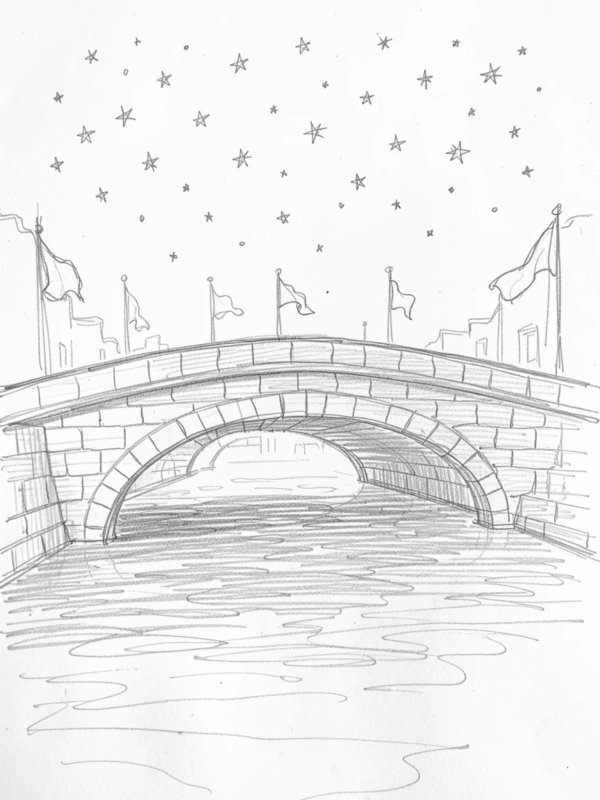 Sweeping architectural view of a stone bridge over a quiet canal, under a starlit sky, with flags gently fluttering in the breeze.