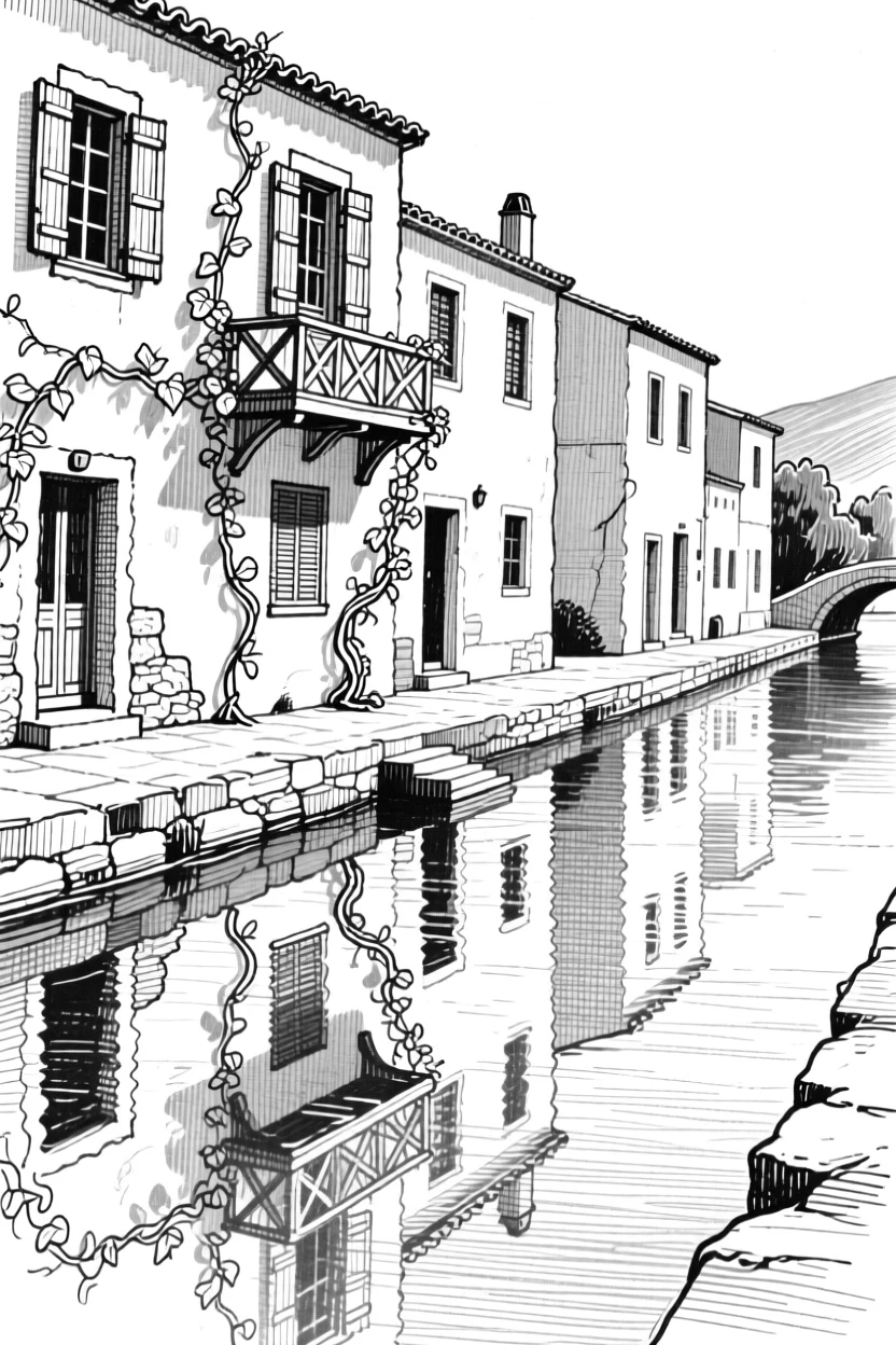 A greek village of whitewashed buildings reflected in a still canal, featuring climbing vines softening the stonework, rendered in a quietly charming architectural composition.