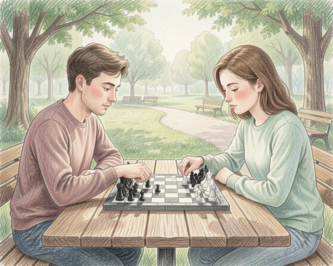 A chess match between two friends at a park table, with a calm, focused atmosphere throughout, evoking mindfulness, patience, and simple contentment.