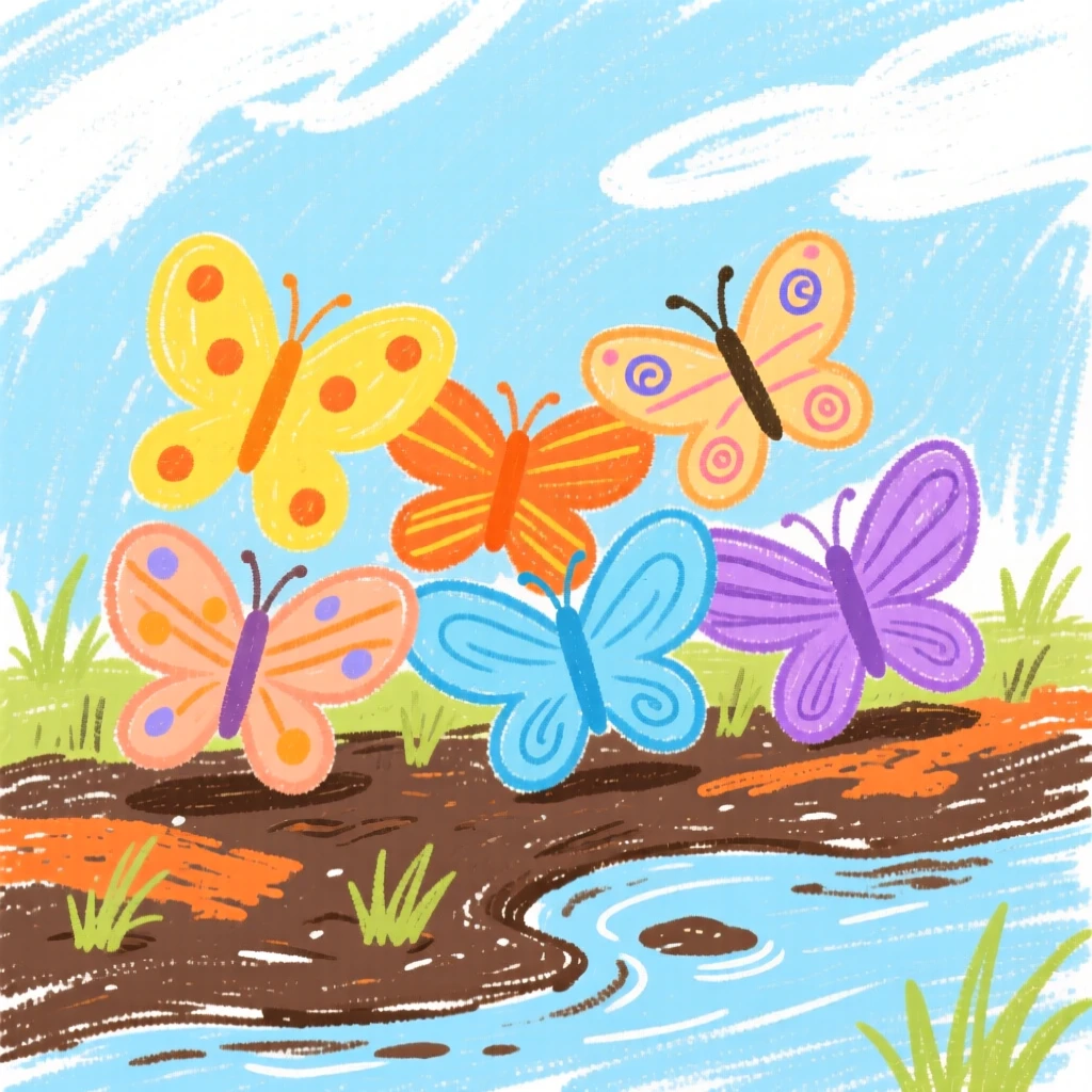 A cluster of butterflies gathered on a muddy riverbank.
