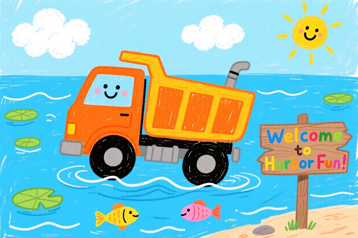 A bright orange dump truck sailing across a calm blue harbor.