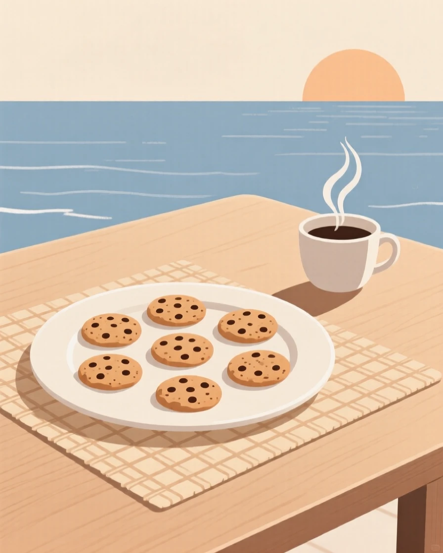 A freshly prepared batch of fresh cookies served on a woven placemat, set in a seaside restaurant table, inviting warm comfort.