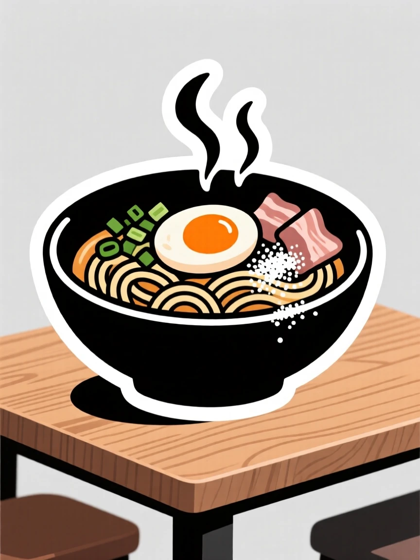 A fresh and juicy steaming bowl of ramen with an egg on top, topped with a dusting of powdered sugar, on a cozy café table.