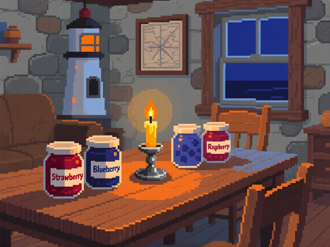 A candlelit dinner table lined with jars of homemade jam, within a lighthouse keeper's living room.