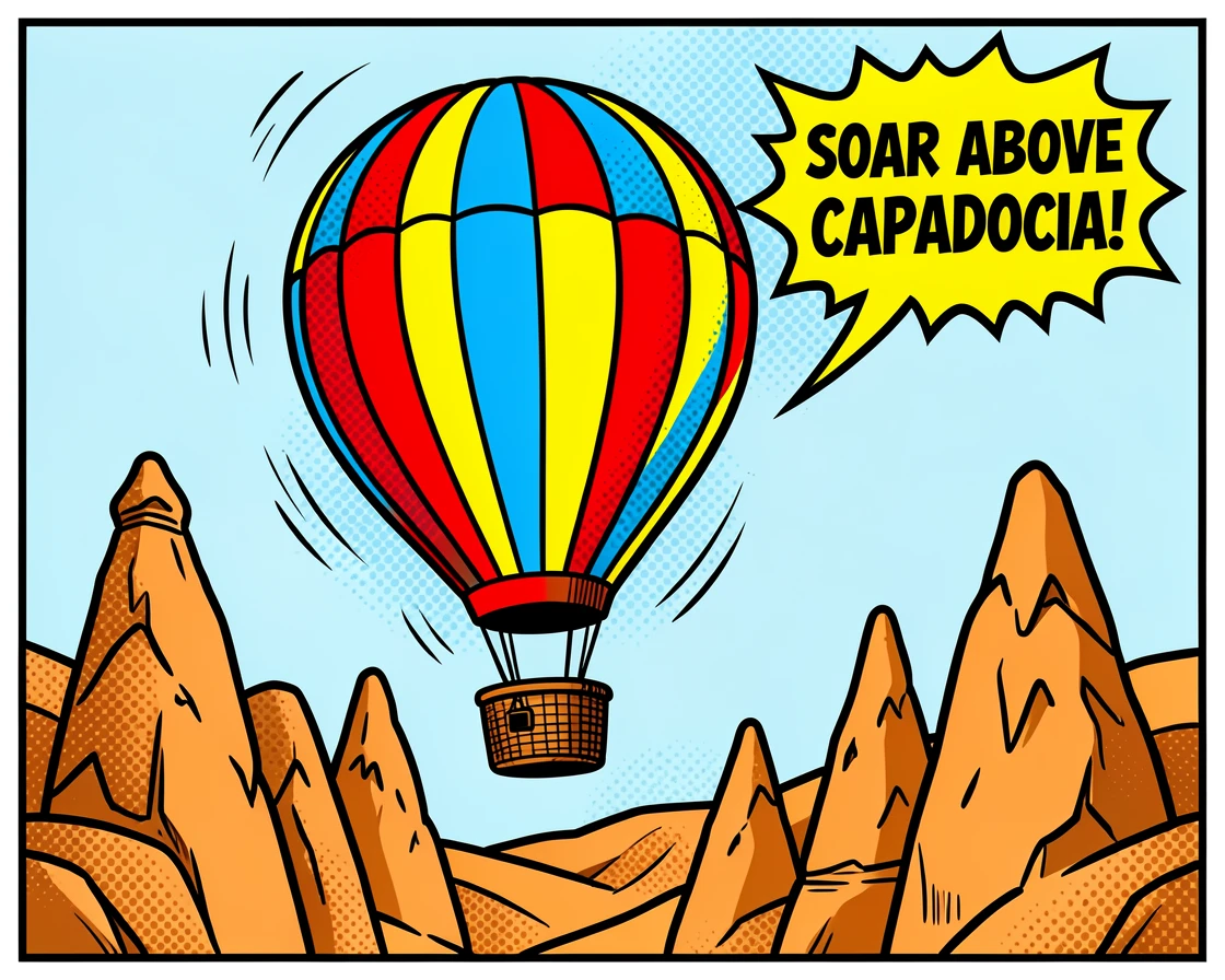 A hot air balloon floating over the fairy chimneys of Cappadocia