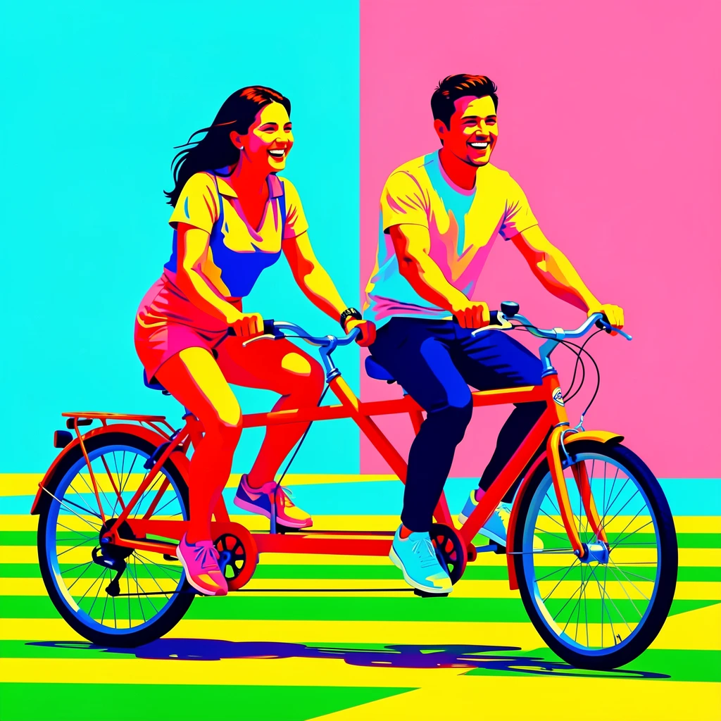 Couple riding a tandem bicycle along a boardwalk