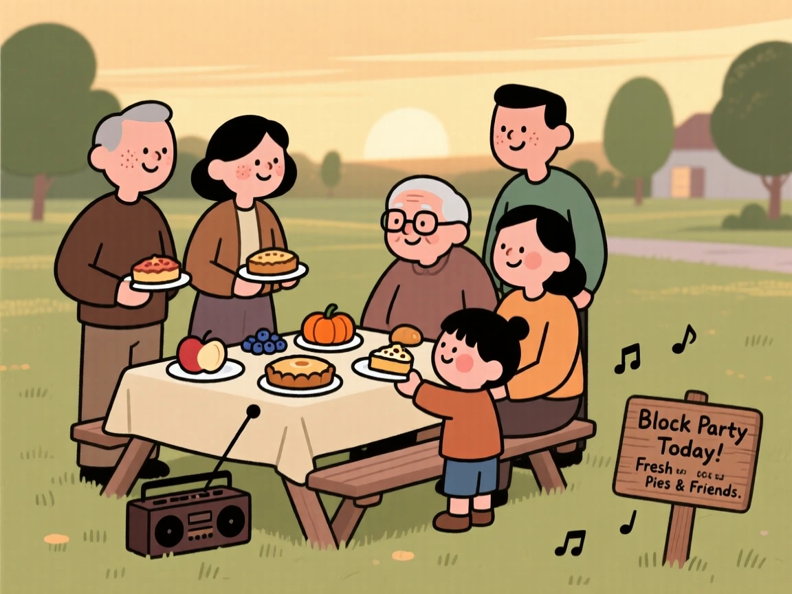 Neighbors gather for a block party in the local park, sharing fresh pies and conversation as music from a small radio fills the warm evening air.