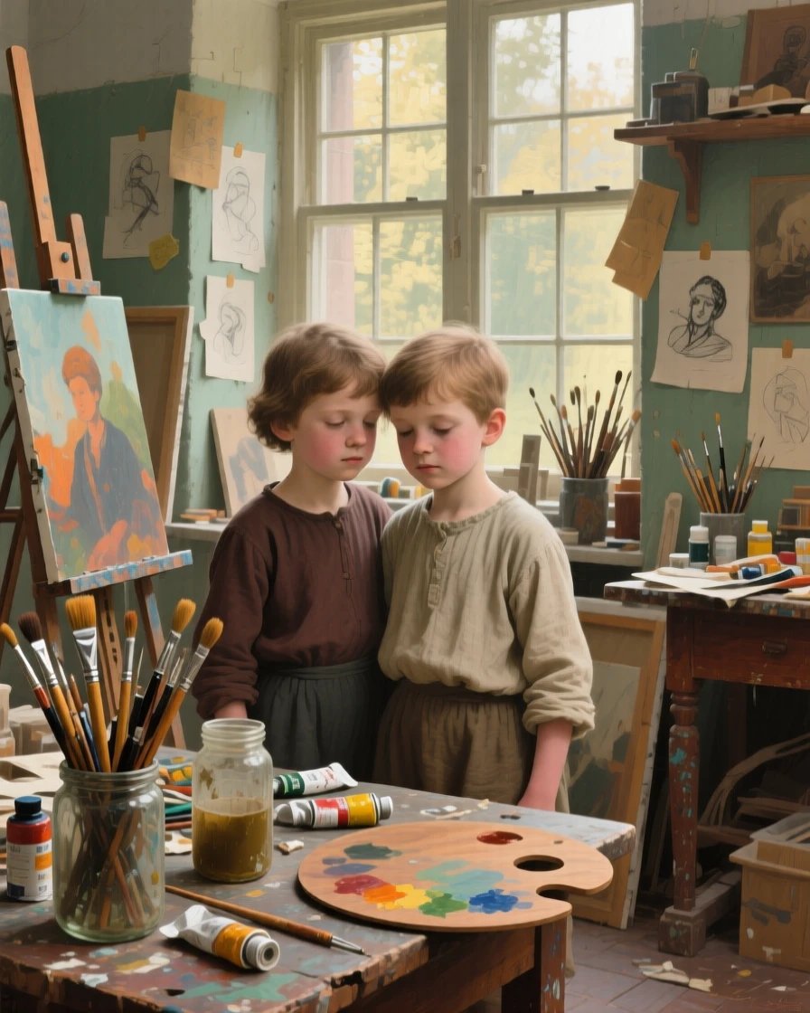 A detailed close shot of a pair of childhood friends inside a cluttered artist's studio, radiating quiet contentment, at midday.