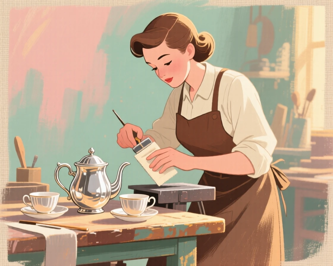 A silversmith polishing a finished tea set on a workbench