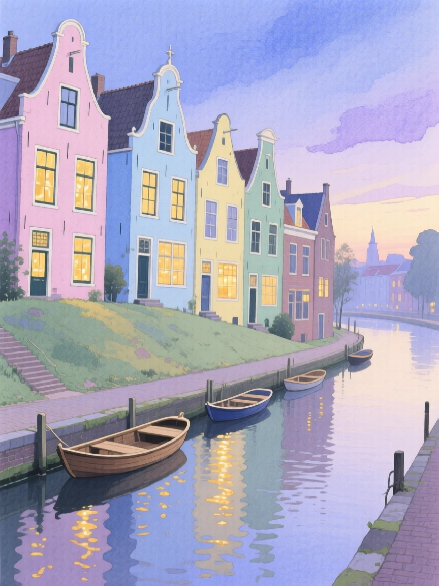 A picturesque view of a canal-lined Dutch town with pastel buildings stacked along the hillside, as evening lights begin to glow