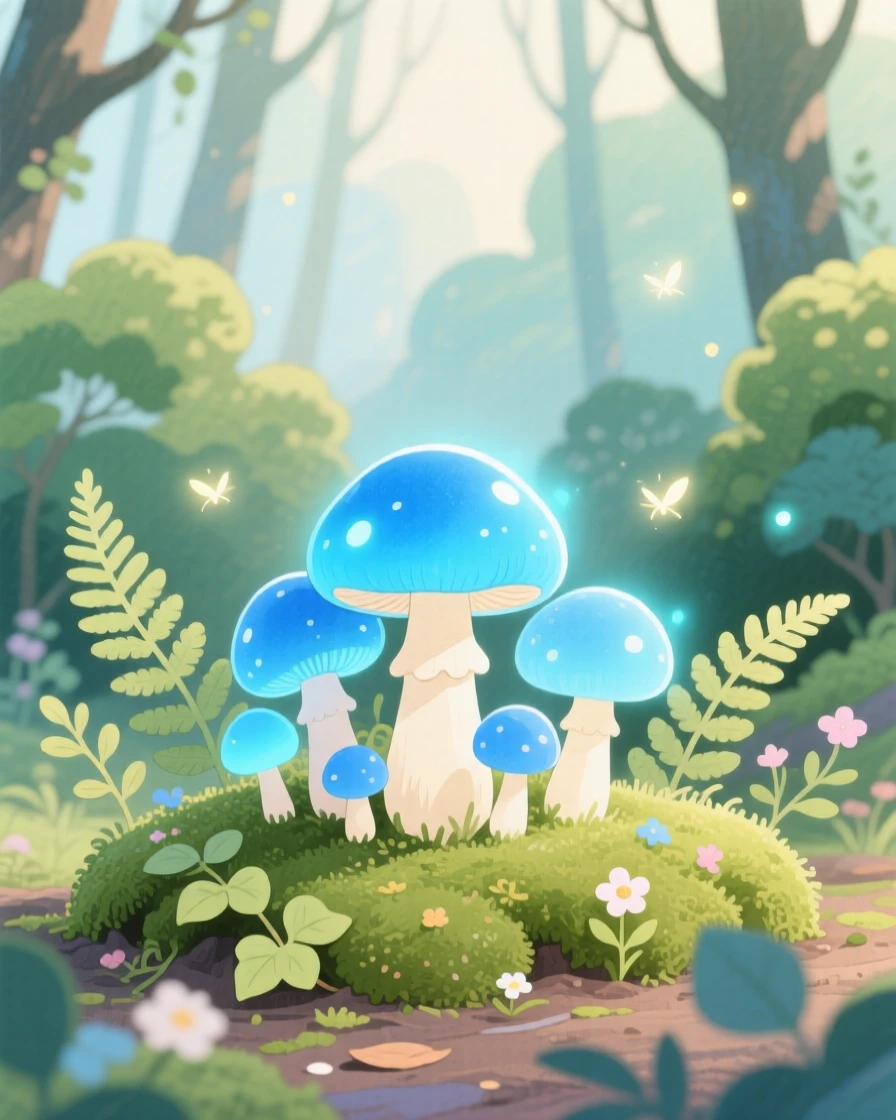 A gentle still-life scene featuring a patch of glowing blue mushrooms in an enchanted wood.