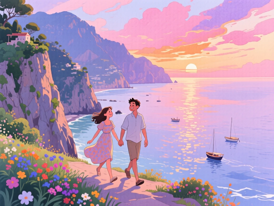 A young couple wanders hand in hand amid the dramatic cliffs of the Amalfi Coast at dusk, capturing the wonder of discovering a new place.