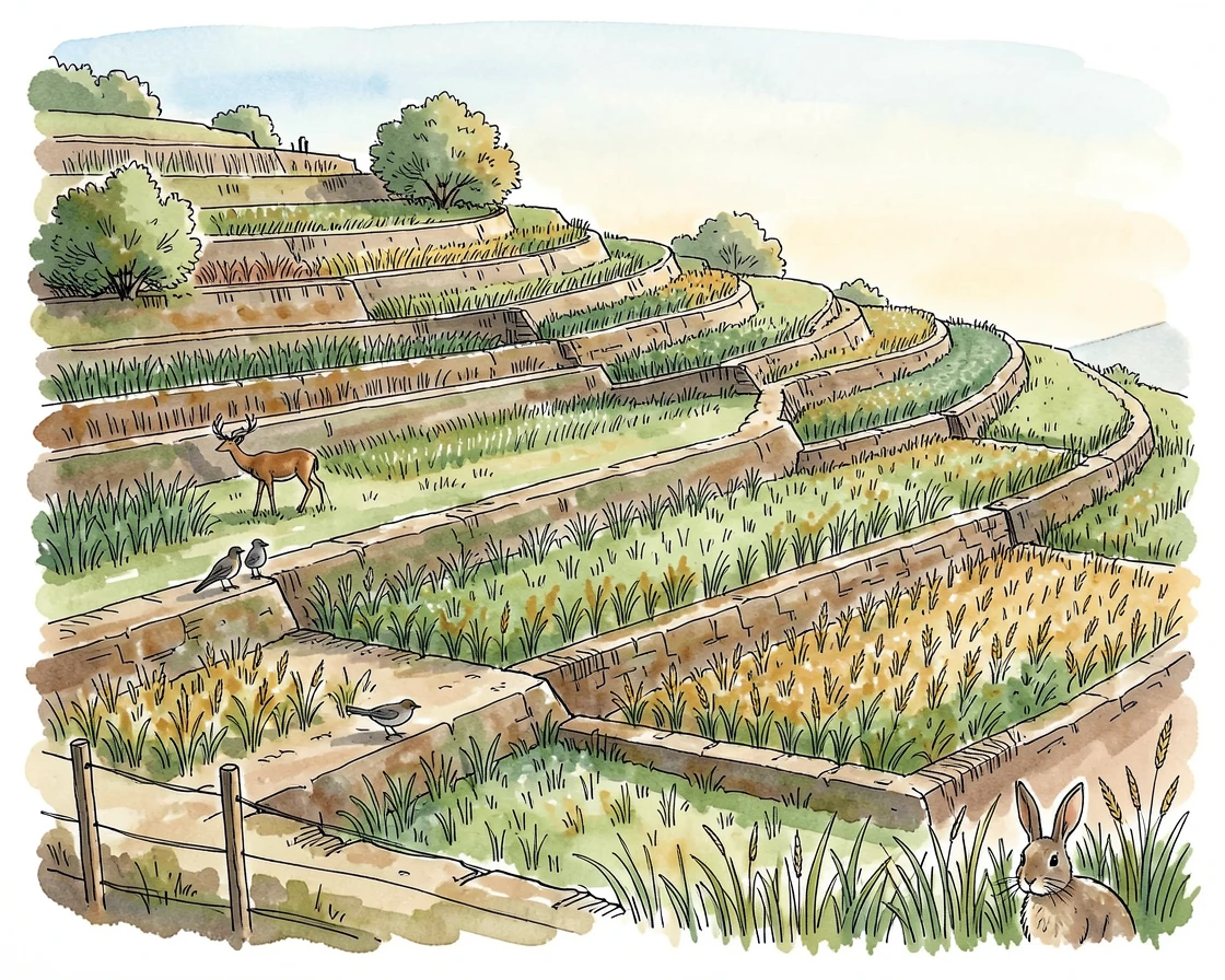 A patchwork of terraced farmland climbing a steep green hillside, wildlife moving quietly at the edges of the scene.