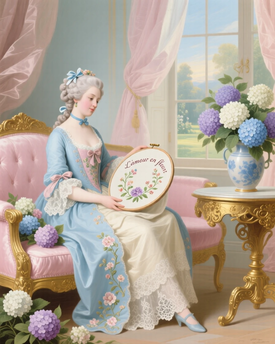 A lady seated with her embroidery hoop beside a vase of hydrangeas  