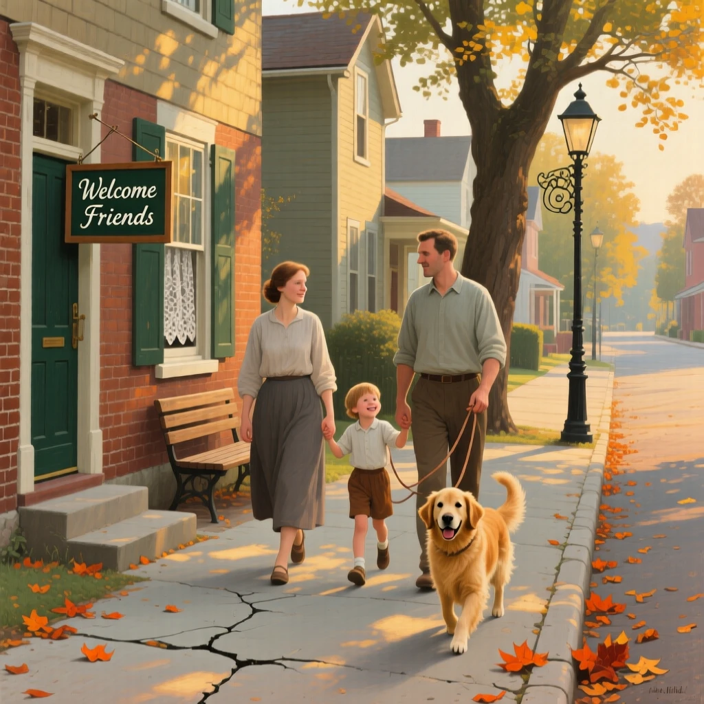 A family walking their dog together along a quiet neighborhood street, with warm afternoon light streaming through nearby windows, designed to remind viewers of their own cherished family memories