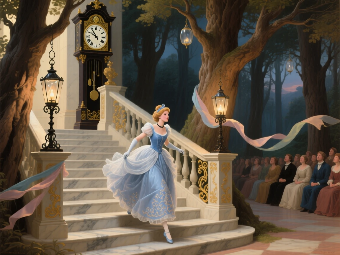 Cinderella fleeing down a grand staircase as the clock strikes midnight as the audience holds its breath in anticipation, set within an enchanted forest clearing bathed in soft light, with lanterns swaying gently and silk ribbons catching the breeze; the composition frames the central figure like a page brought to life, capturing the enchantment of tales passed down through generations.