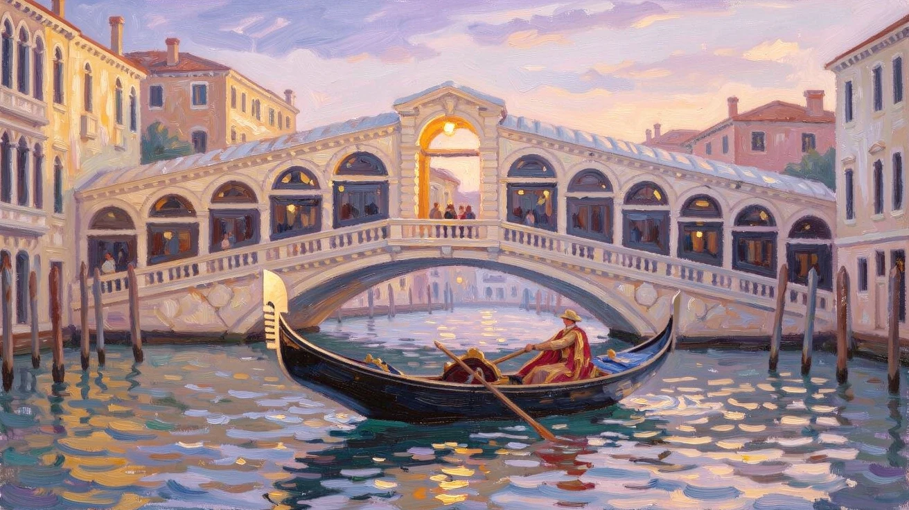 A traditional gondola gliding beneath the Rialto Bridge as the last light of day fades over Venice.