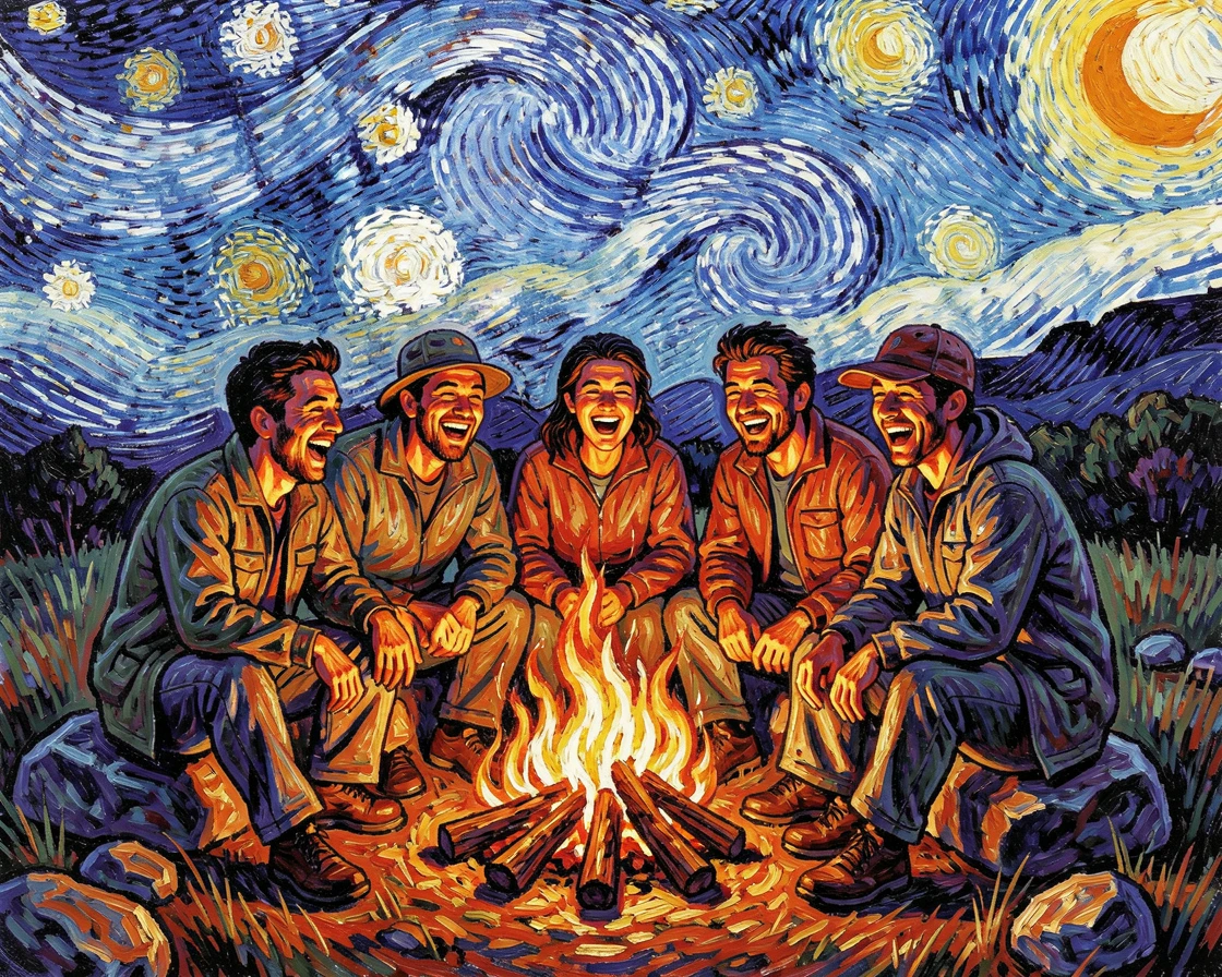 A group of friends laughing around a campfire under a sky full of stars.