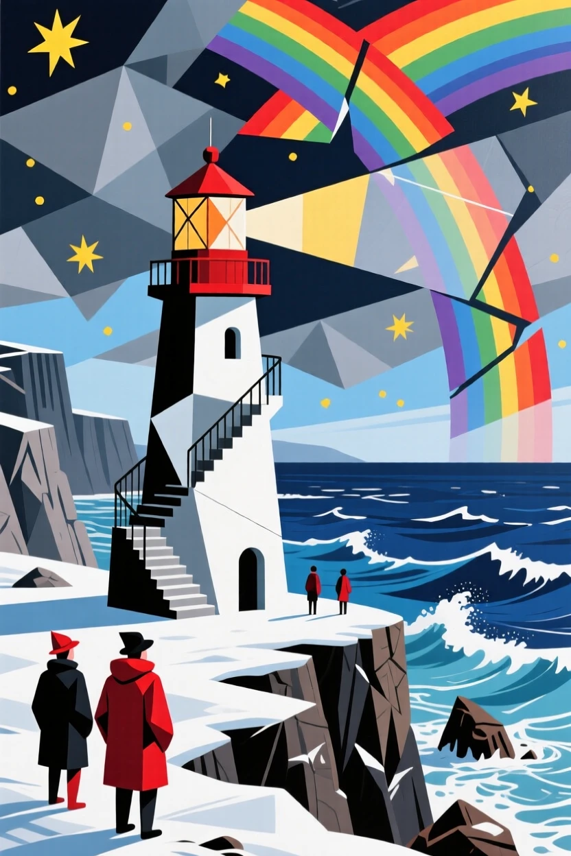 A panoramic view showing a coastal lighthouse point under a rainbow after a passing storm, in deep winter.
