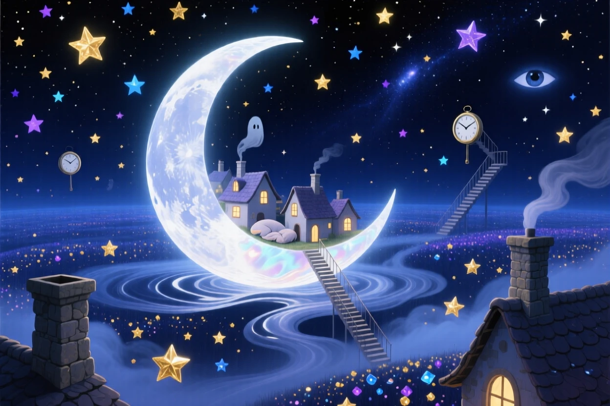 A crescent moon cradling a small sleeping village in its curve drifts slowly through an endless field of stars, while the entire scene shimmers with quiet, cosmic stillness.