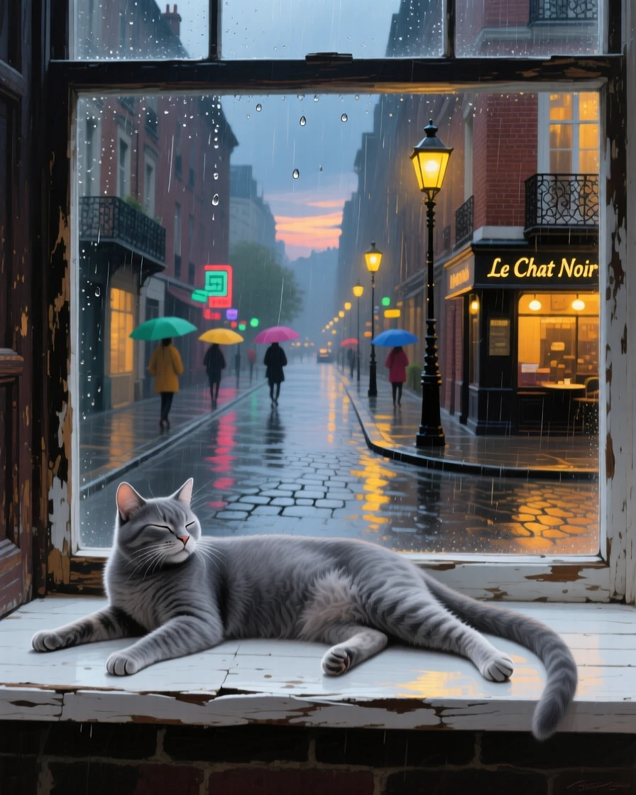 A sleek gray cat stretches luxuriously across a windowsill overlooking a rainy city street, streetlights blurring softly in the wet glass reflection, the surrounding habitat rendered in enough detail to suggest a specific time and place.
