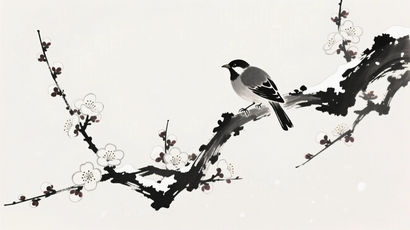 A single plum branch extends into frame, its blossoms dusted with snow, as a single bird perches among the flowering branches.