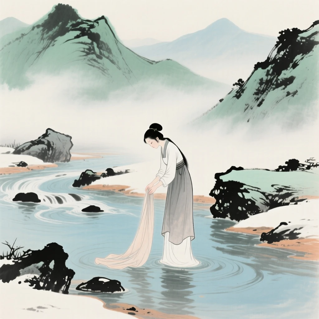 A woman washing silk in a clear mountain stream, in the mild days of early winter, through a light drifting mist.