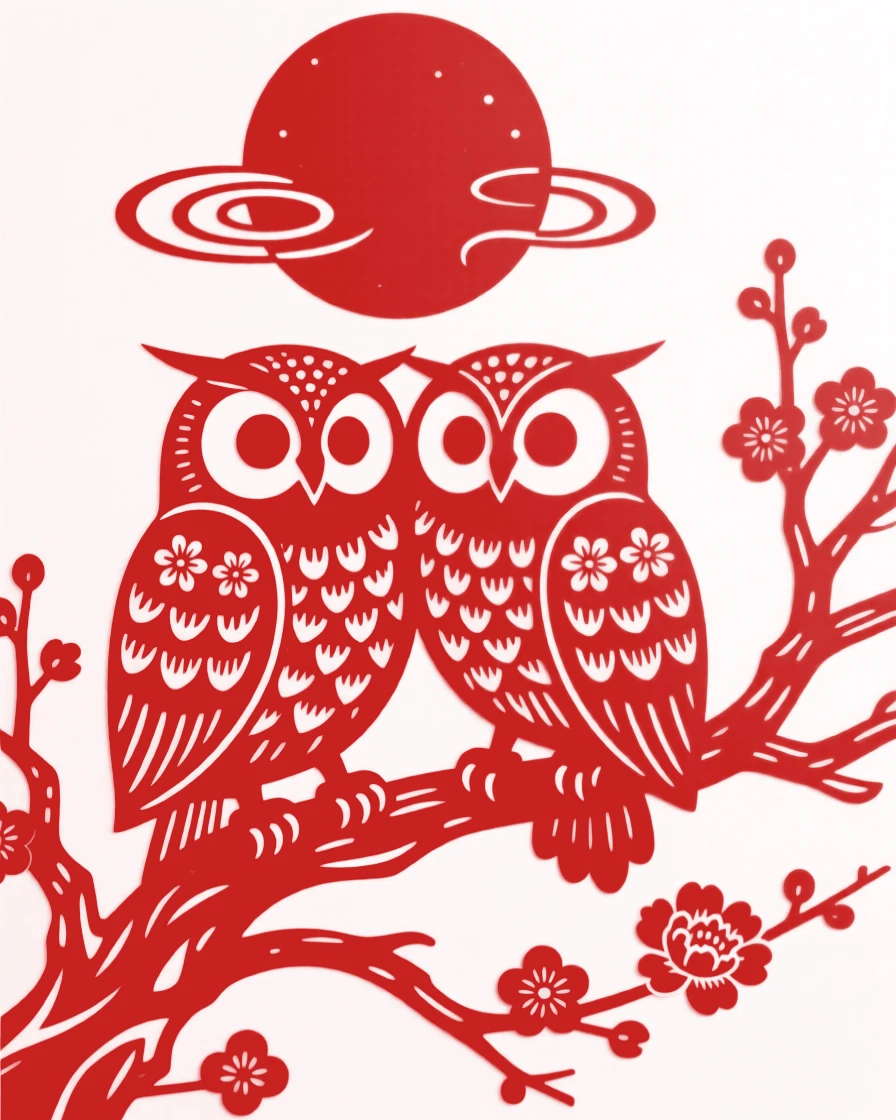 A pair of owls perched on a gnarled branch under a full moon, feathers fluffed against the night chill