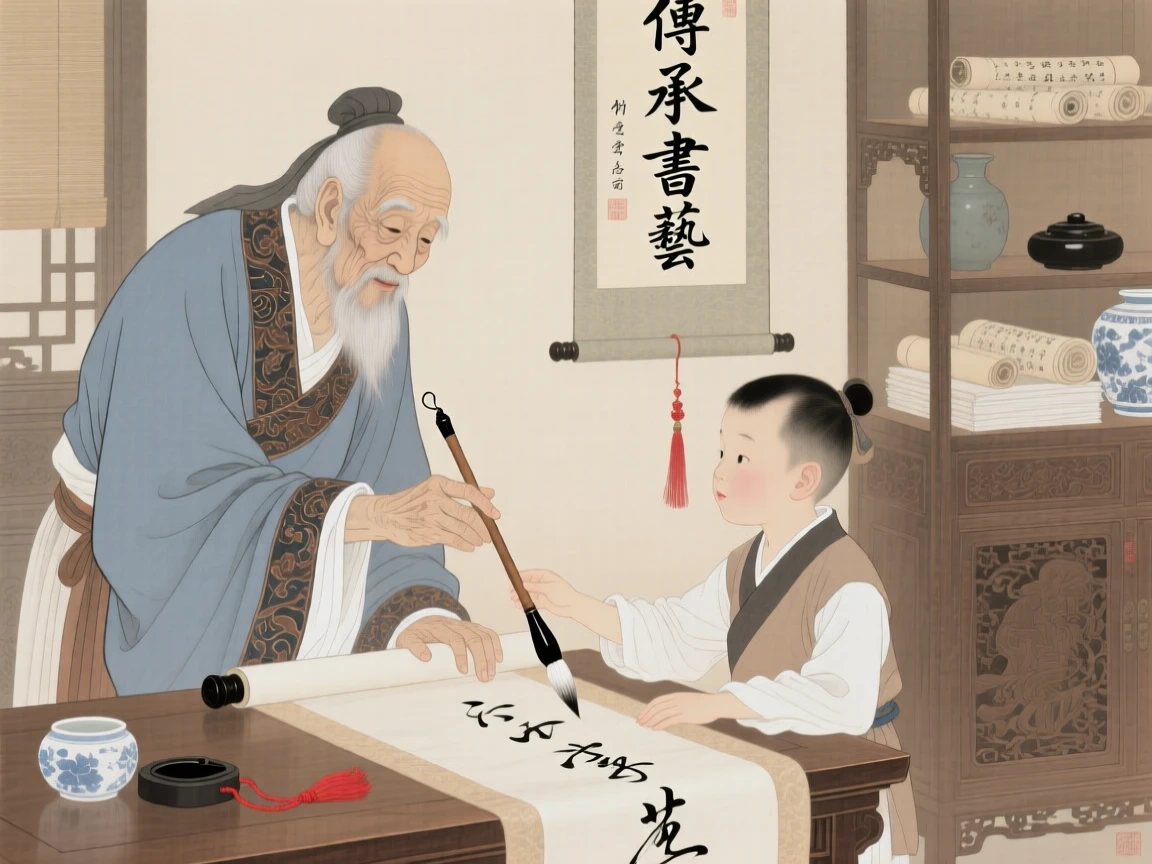 An old man passing down his calligraphy brush to his grandson