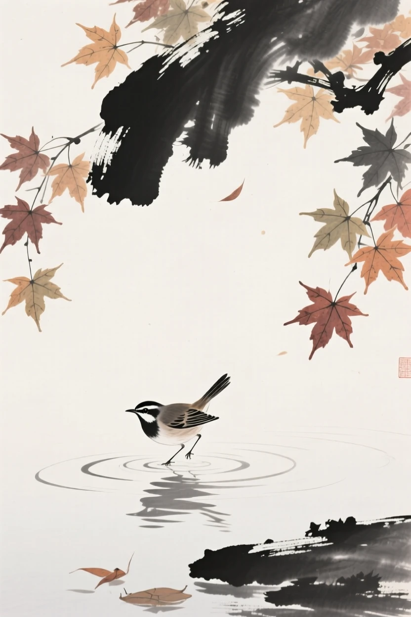 A nightingale skimming the surface of a quiet pond beneath a canopy of autumn maple leaves, framed against a wide expanse of open sky, capturing a fleeting moment of natural beauty.