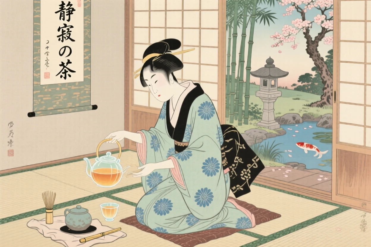 A glassblower carefully pouring tea in a quiet tatami room.