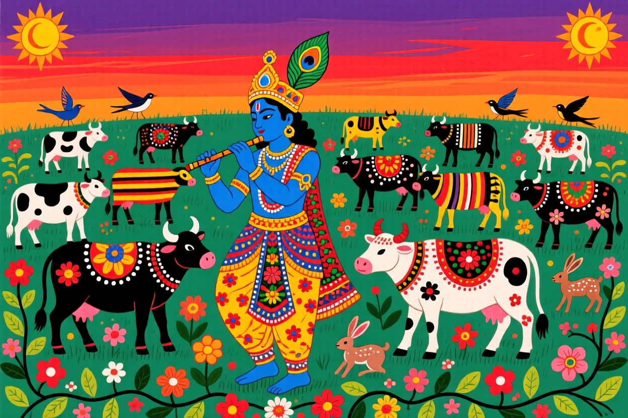 Krishna herding cows home through a meadow at dusk.