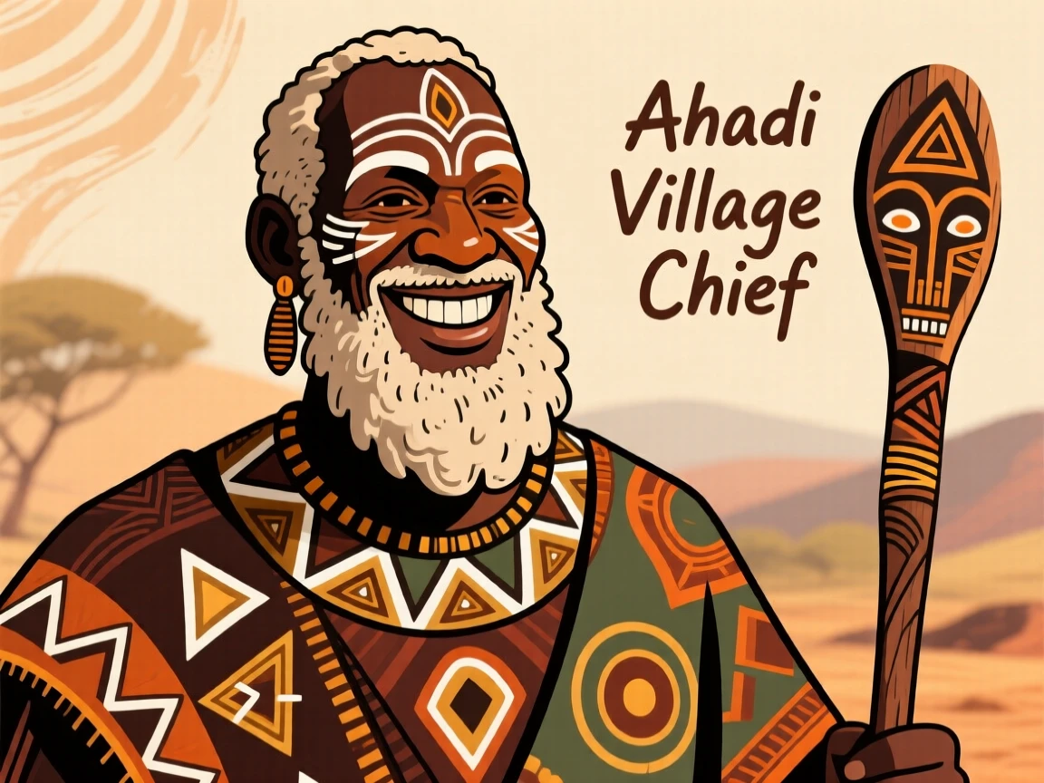 A bearded village chief smiling warmly at the camera.