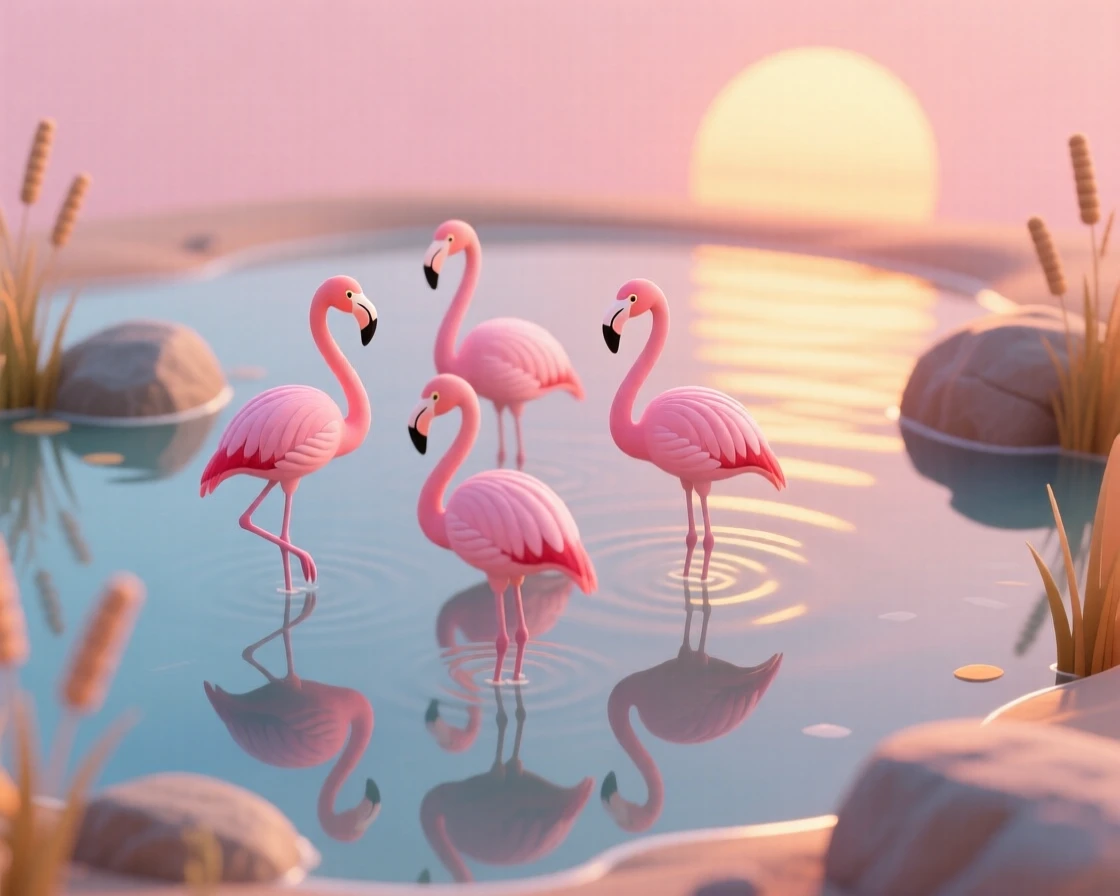 A group of flamingos standing gracefully in a shallow lagoon at sunset, their pink feathers reflected perfectly in the still water.