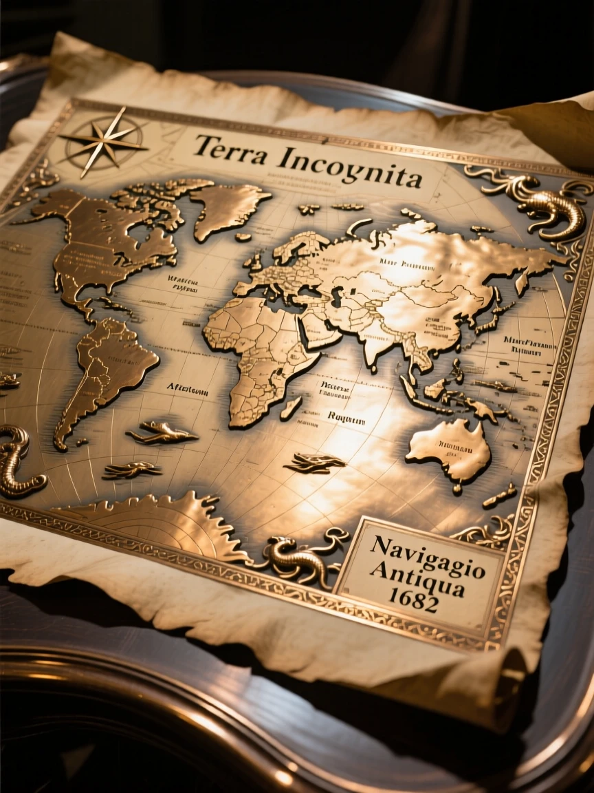 An antique map unrolled to reveal distant lands, rendered with exquisite, luminous detail, radiating elegance and refinement